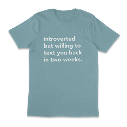 introverted but willing to text you back in two weeks. unisex t-shirt